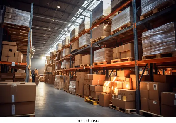 Warehouse with cardboard boxes on shelves