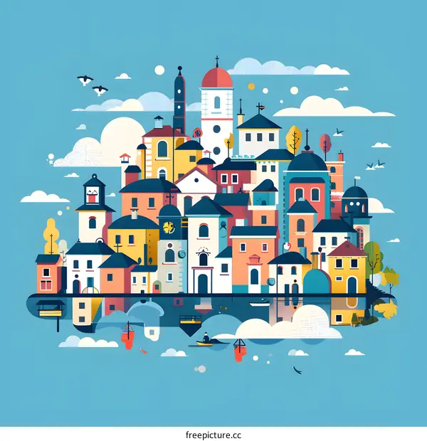 Colorful Illustration of a Small Town with Reflection