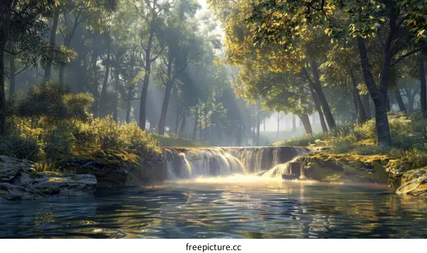 Sunlit Waterfall in a Lush Forest