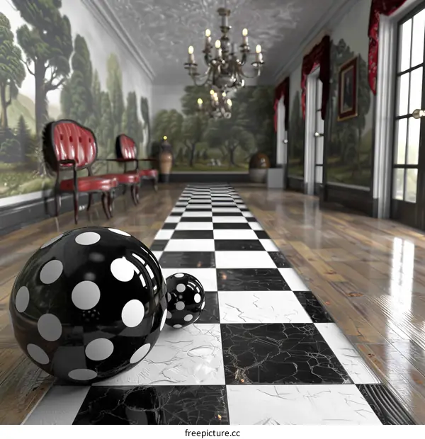 Black and white polka dot spheres in a long surreal hallway