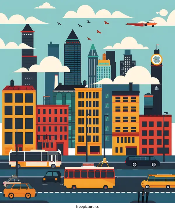 Cityscape Illustration with Buildings, Cars, and People