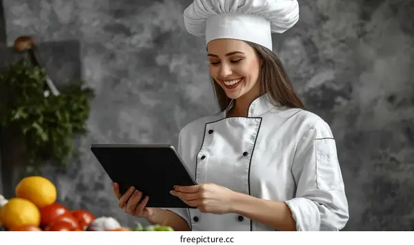 Female Chef Using Digital Tablet in Kitchen