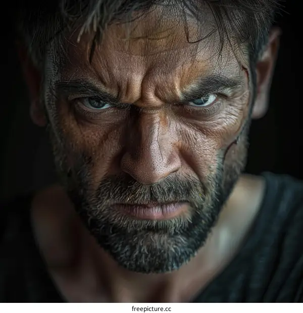 Close-up Portrait of a Serious Man with Angry Expression