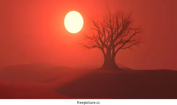 Red Sunset with a Silhouetted Tree