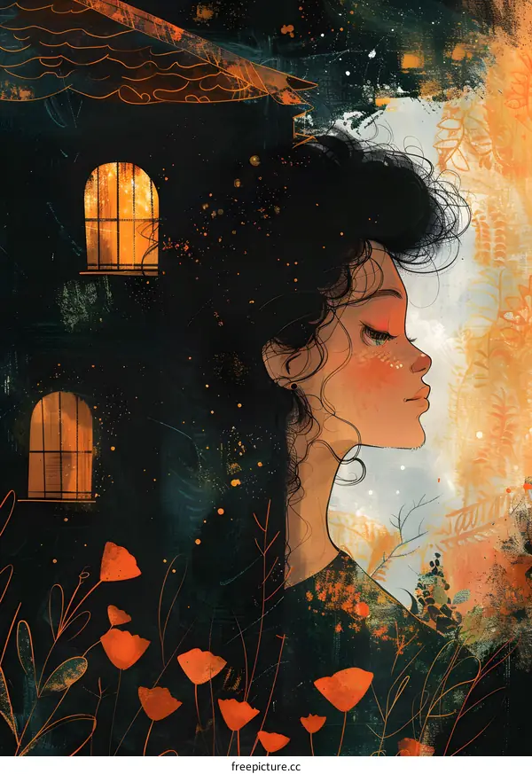 A girl with long black hair standing in front of a house with orange flowers