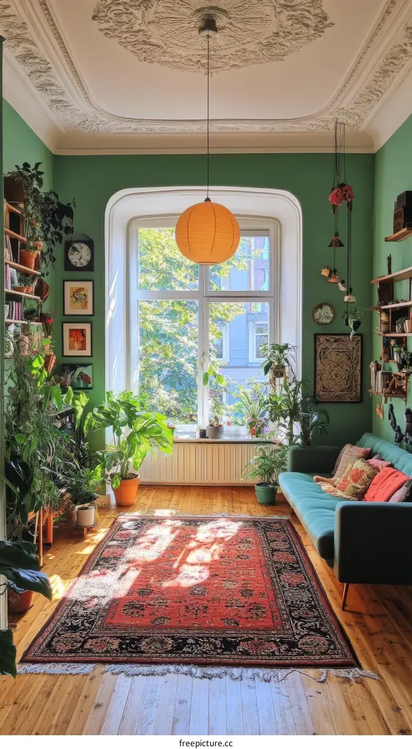 Green Living Room with a Vintage Rug