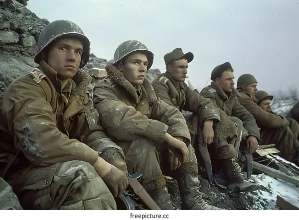 Soviet soldiers wait for reinforcements in a Prussian town, February 1945