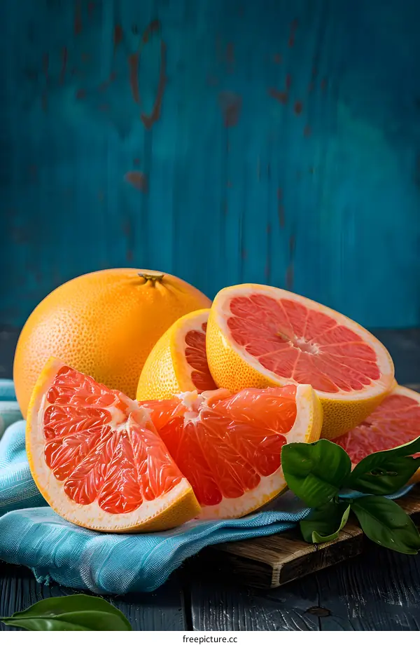 Fresh Sliced Grapefruits On Wooden Board With Green Leaves And Blue Napkin