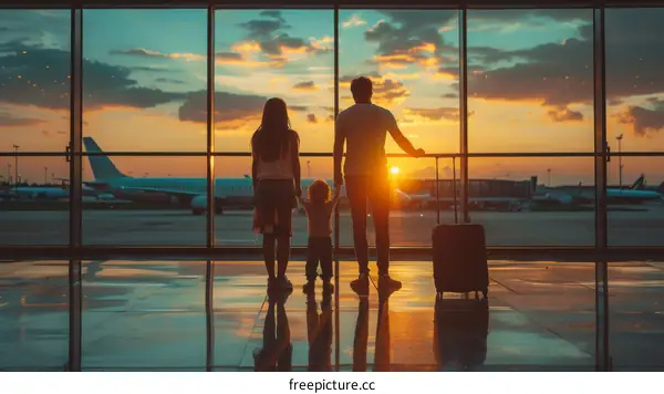 Family of three at the airport looking out at the runway