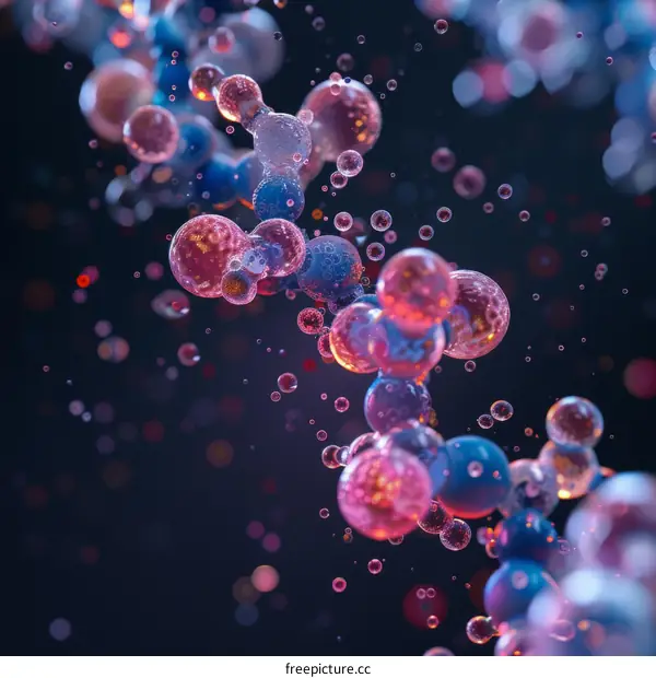 Pink and blue translucent spheres representing atoms or molecules