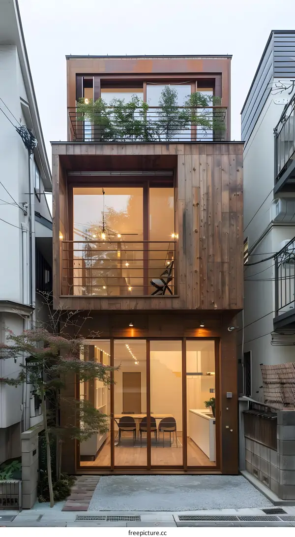 Modern Wooden House with Balcony and Large Windows in Japan