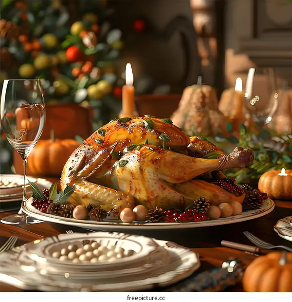 Thanksgiving dinner table with roasted turkey