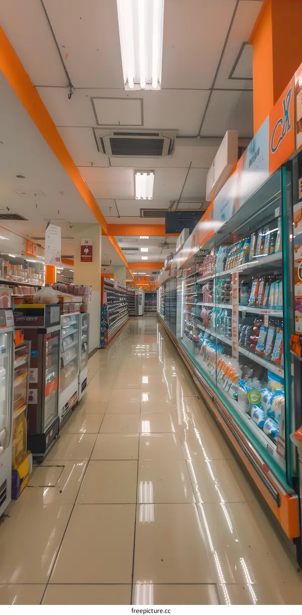 Empty Grocery Store Aisle with Orange and White Accents