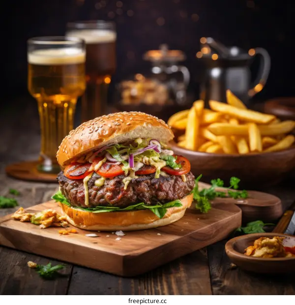 A delicious beef burger with a side of fries and a glass of beer