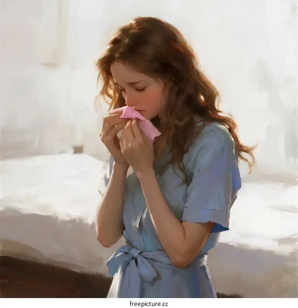 A Young Woman Wearing a Light Blue Dress Blowing Her Nose Indoors