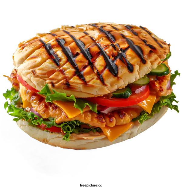 [Transparent Background PNG]Grilled chicken sandwich with cheese, tomato, cucumber, onion and lettuce