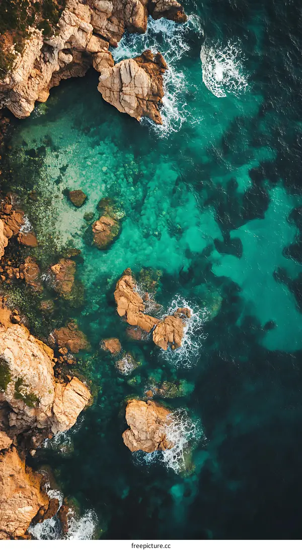 Aerial View of Turquoise Water Surrounding Rocks
