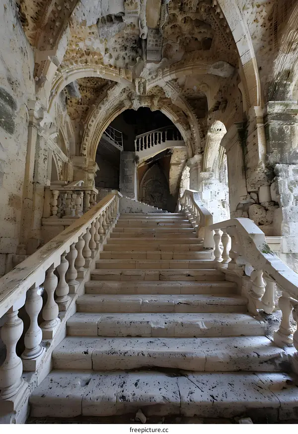 Old Stone Staircase in a Crumbling Building