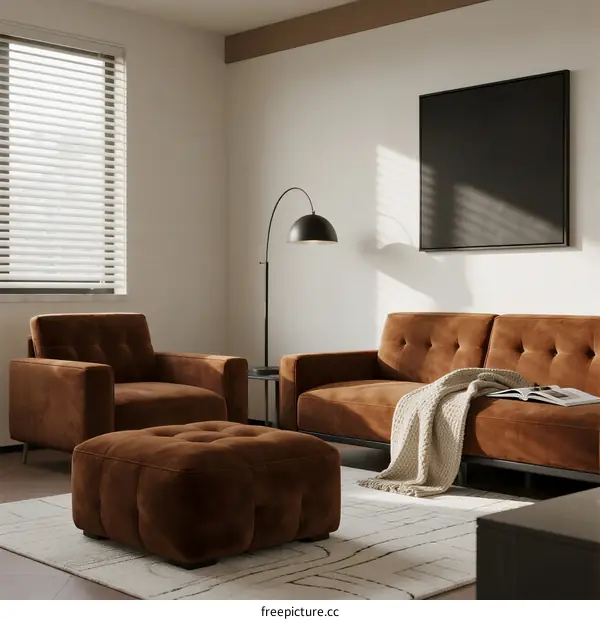 Modern Living Room with Brown Sofa, Armchair and Ottoman