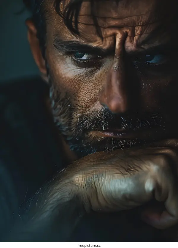 Portrait of a man with a beard and a serious expression on his face