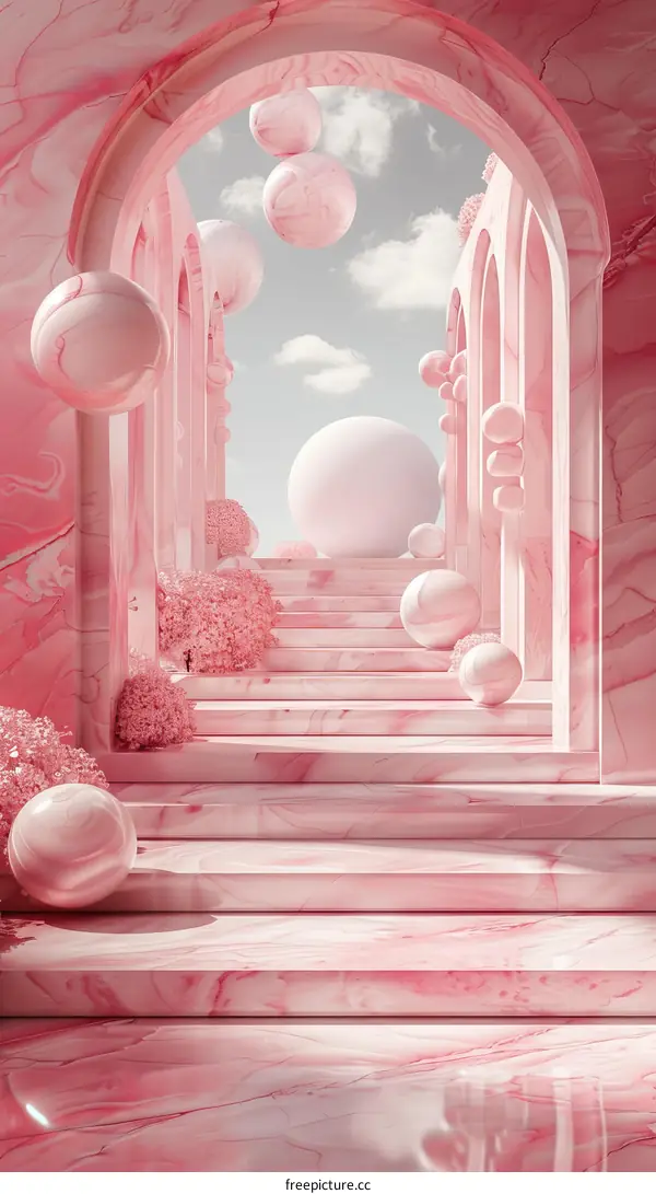 Abstract Pink Marble Stairway with Floating Spheres