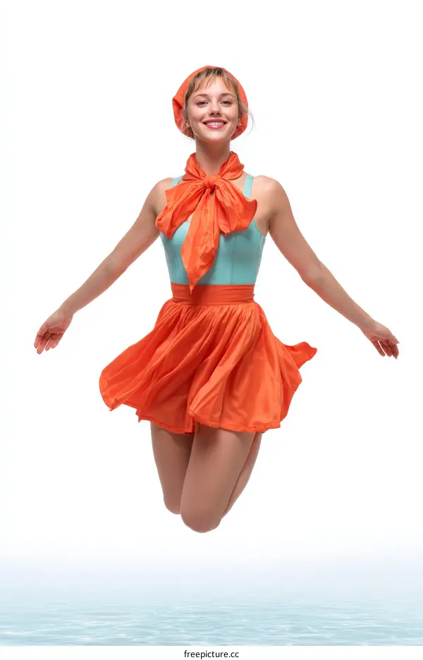 Happy Woman in Orange Dress Jumping