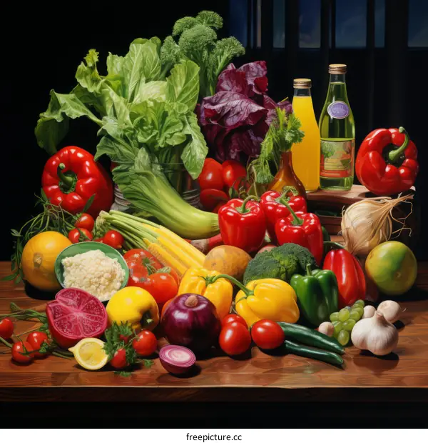 Colorful Vegetables and Fruits Displayed on a Wooden Table