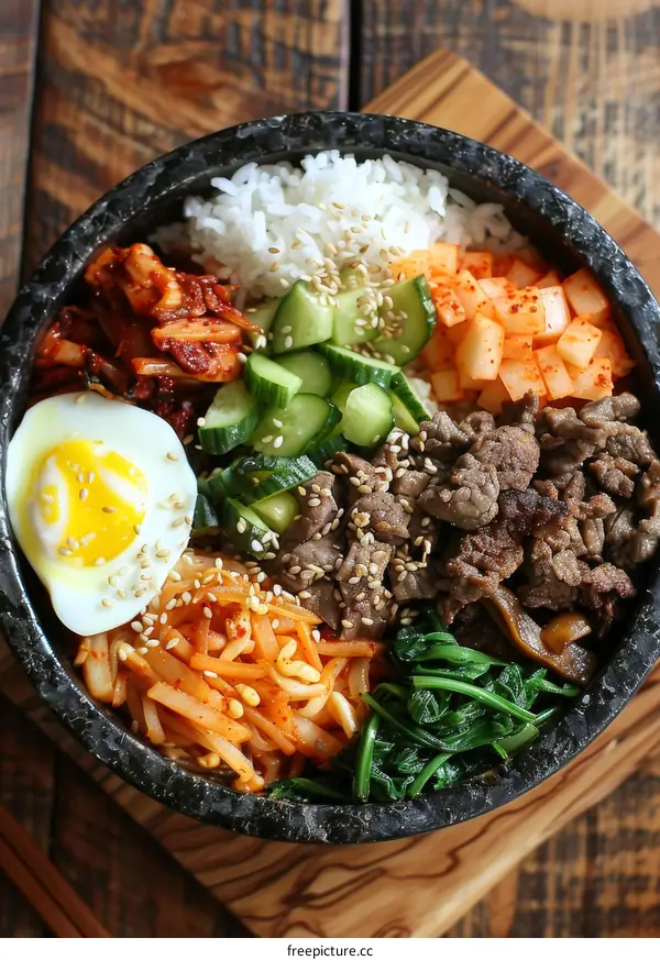 Authentic Korean Bibimbap: A Savory Dish of Rice, Vegetables, and Meat