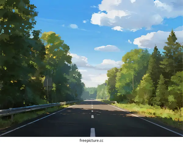 A peaceful road surrounded by lush green trees under a clear blue sky