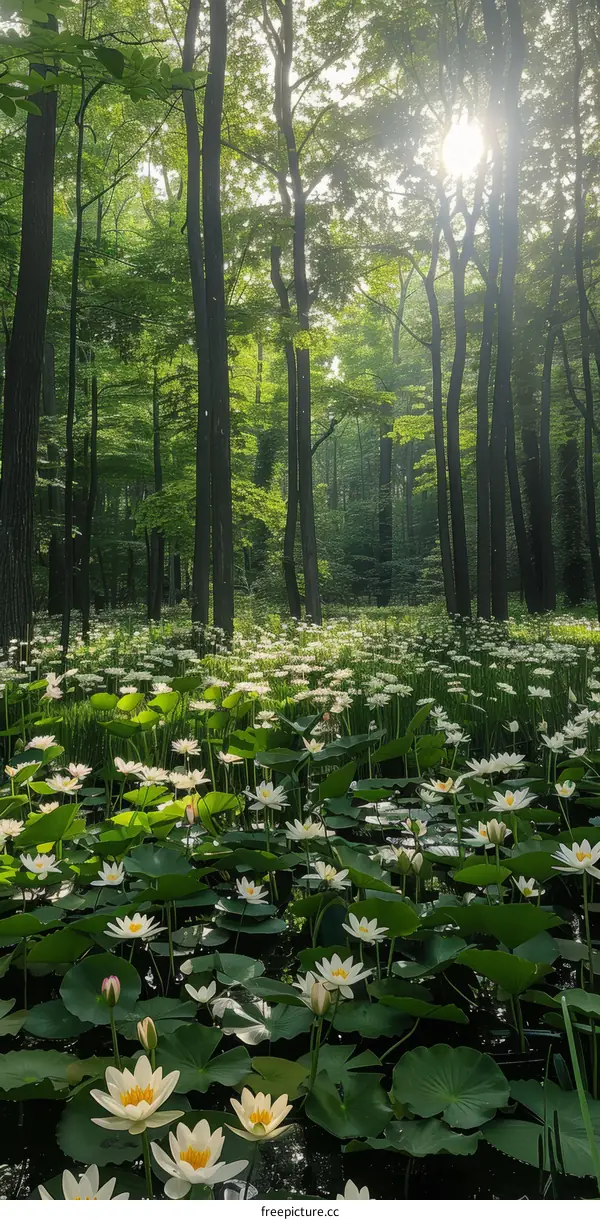 Mystical Forest of White Water Lilies