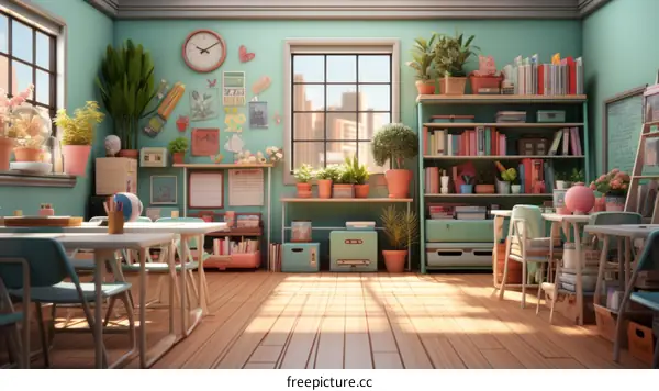 A classroom with a lot of plants and bookshelves