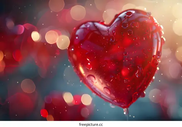 Red heart-shaped lollipop with water drops on a blurred background