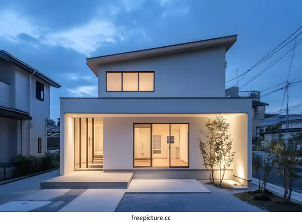 Modern Two Story House With Glass Doors And Windows At Dusk