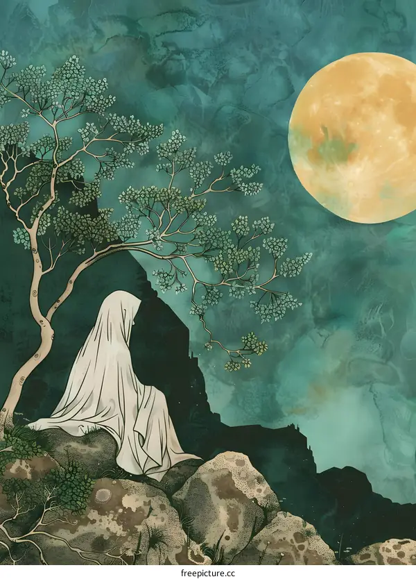 Woman in White Robe Under Full Moon
