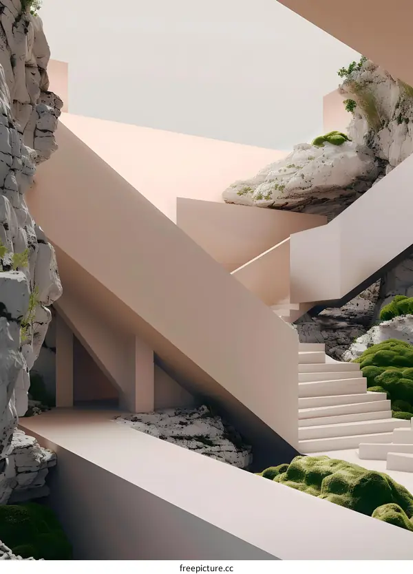 Minimalist Architecture with Abstract Rock Formations and Stairs
