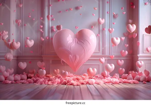 Pink heart-shaped balloons in a room