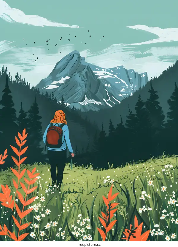 Woman Hiking Through Forest with View of Mountain