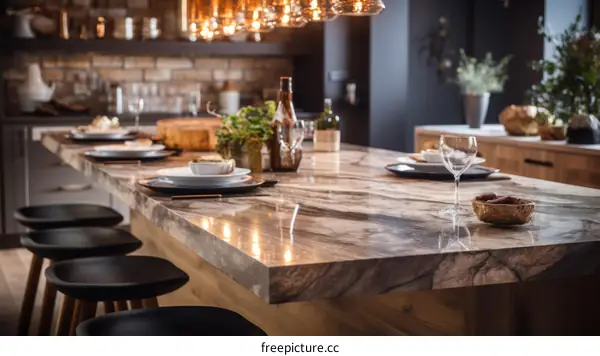 Modern Kitchen Island with Marble Countertop and Black Chairs
