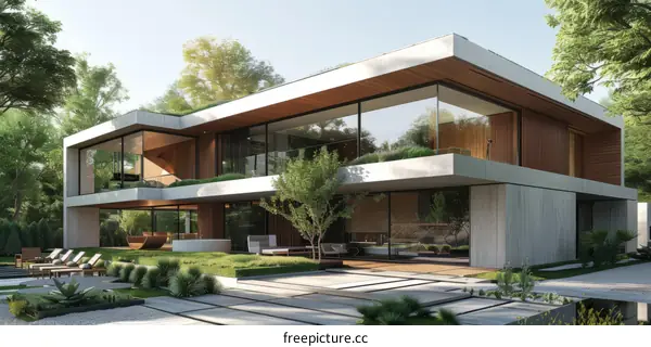 Modern mansion with a glass facade surrounded by lush greenery