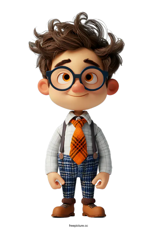 [Transparent Background PNG]3D cartoon character of a boy with glasses, suspenders, and a plaid tie
