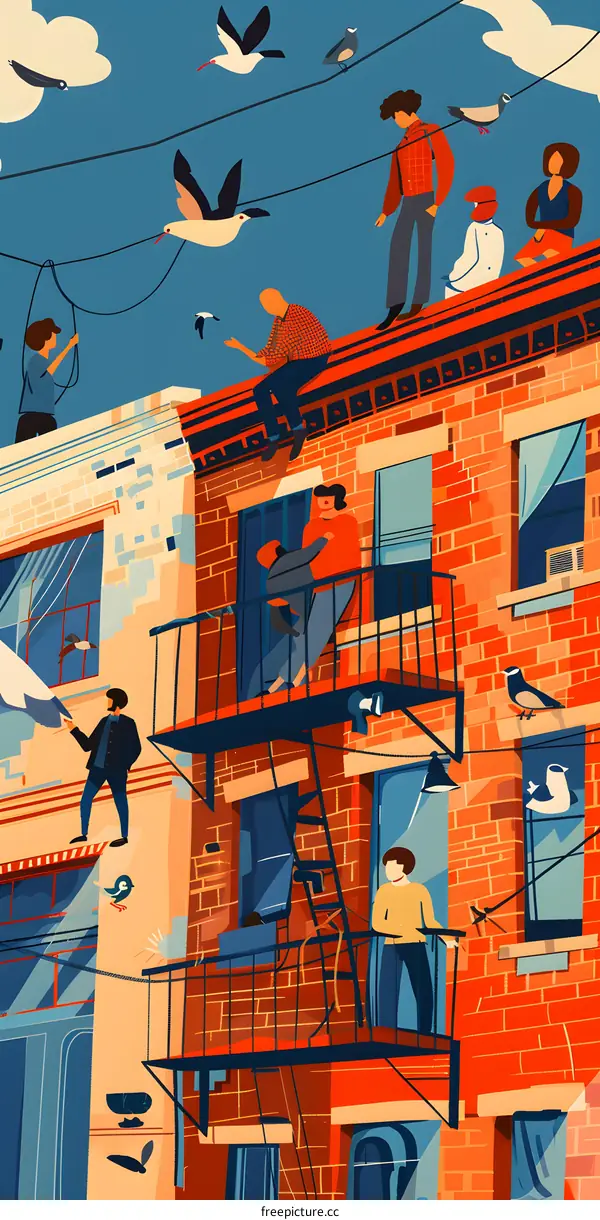 People on Rooftops and Balconies in City Building Illustration