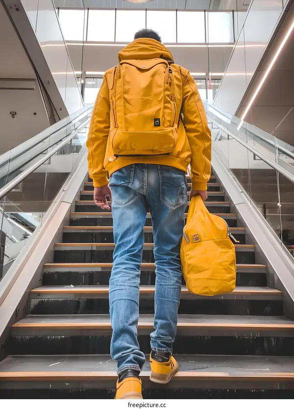 Man Walking Up Stairs With Yellow Backpack and Bag