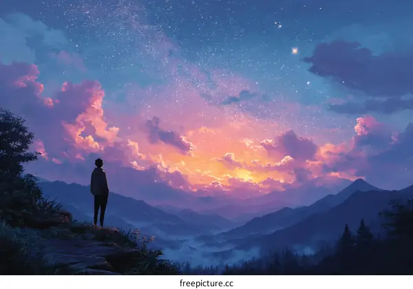 A Person Contemplating the Starry Mountain Sunset