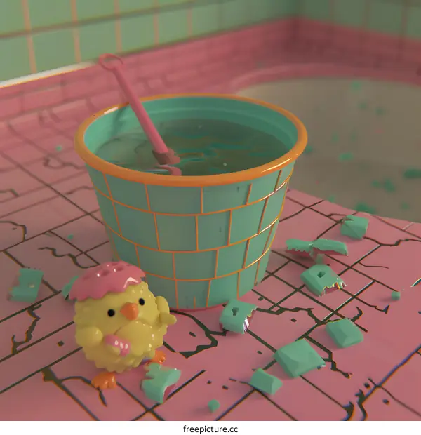 Cute Yellow Chick with Bucket and Broken Tiles