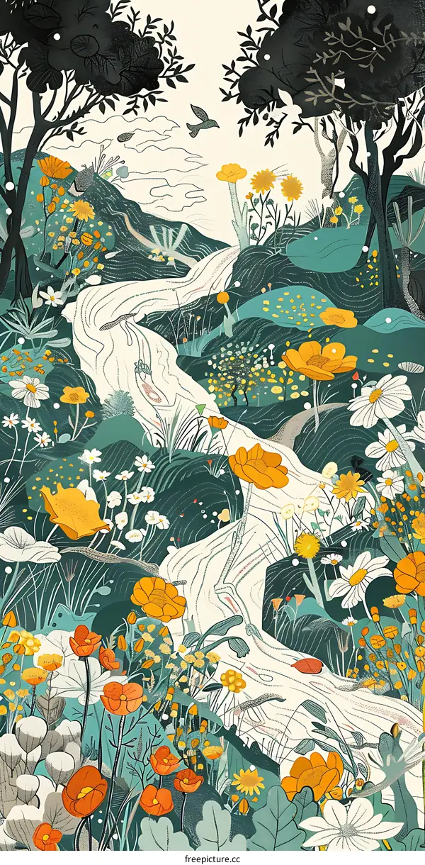 Artistic Illustration of a Stream Flowing Through a Lush Forest