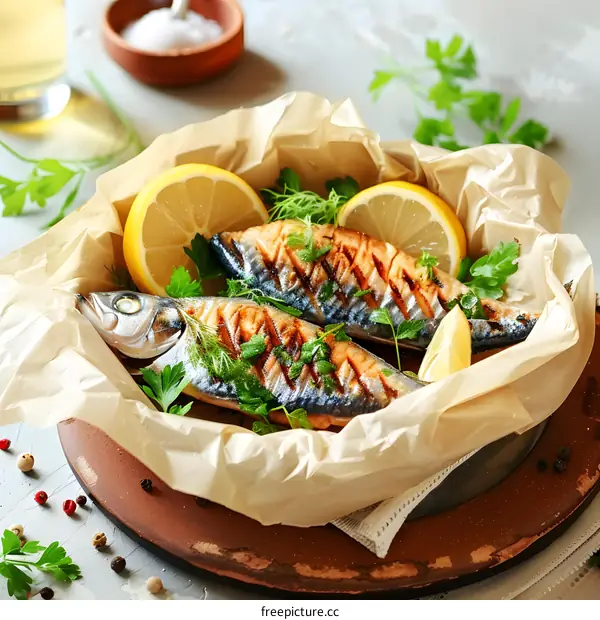 Grilled mackerel fish with lemon and herbs