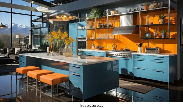 Blue and Orange Kitchen with Large Windows and Mountain View