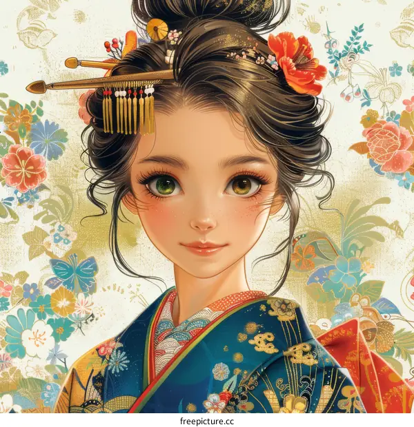 An illustration of a beautiful Japanese woman in a kimono with flowers in her hair and a traditional Japanese hairpin.