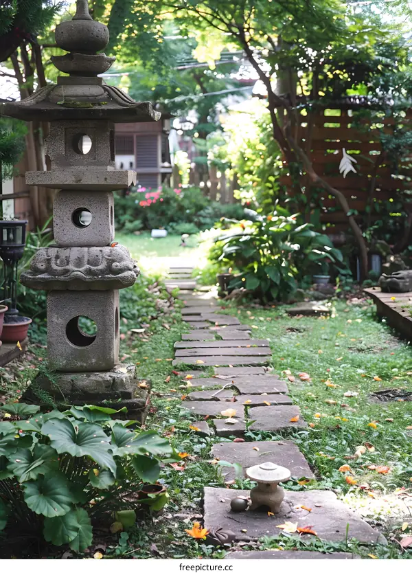 Stone Lantern and Stone Pathway in a Japanese Garden