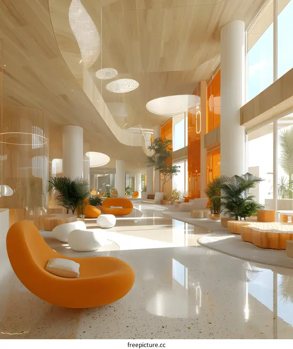 Modern Lobby Interior Design With Orange Chairs